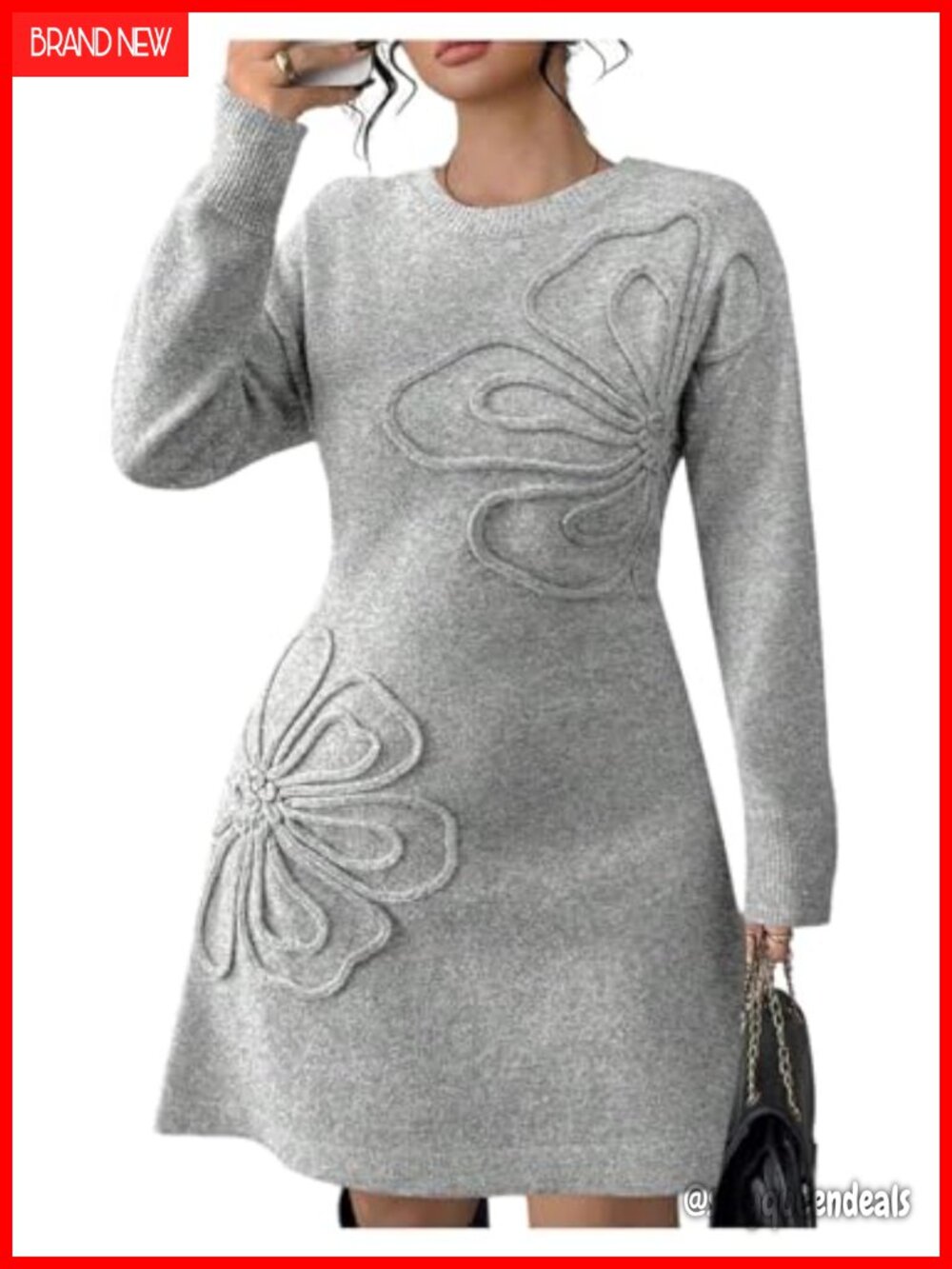 Plus Size Floral Knit Sweater Dress Long Sleeve A-Line Crew Neck